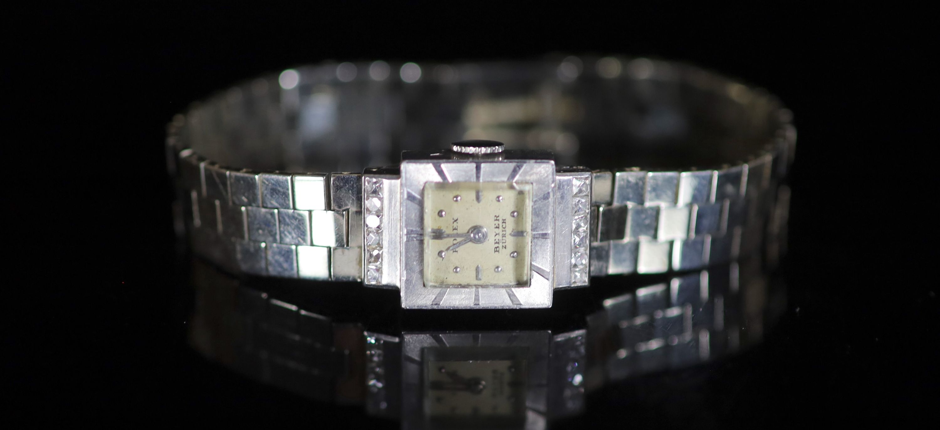 A lady's mid to late 20th century platinum and diamond set Rolex manual wind wrist watch on an 18ct white bracelet